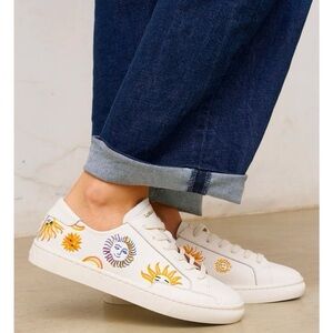 Soludos White Leather Espadrille Sneakers with Sun Embroidered Motifs